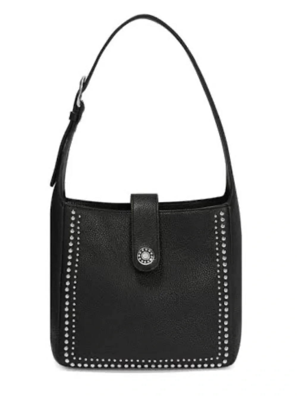 Studded Black Leather Shoulder Bag with Front Tab